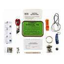 Collection of survival items including a green tin, flashlight, and other tools on a white background