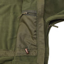 Close-up of olive green Blochl Brand military style fleece jacket showing inner pocket and zipper details.
