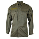 Genuine Austrian army M65 olive green long sleeve military combat shirt with button-up front and chest pockets.