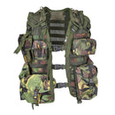 Dutch Military Tactical Vest with 7 modular MOLLE pouches in woodland DMP camouflage, breathable and adjustable design.