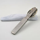 Compact genuine German army stainless steel multitool cutlery set with fork, spoon, knife, and can opener for outdoor use