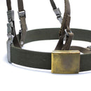 Vintage German army Y-strap suspenders and belt webbing set in olive with metal buckles, WWII tactical harness system