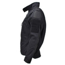 Side view of Mil-Tec black ripstop narrow fit military jacket with shoulder patches and adjustable cuffs