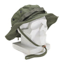 Olive green Mil-Tec military style ripstop boonie hat with ventilation holes, chin strap, and vegetation loops on mannequin head.