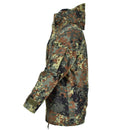 Side view of Mil-Tec German army waterproof GoreTex camo Flecktarn parka with detachable liner and adjustable cuffs.