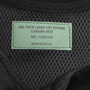Close-up of MIL-TEC laser cut system tactical combat plate carrier label on black breathable mesh fabric vest