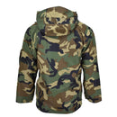 Back view of MIL-TEC military style camo jacket with hood, waterproof and windproof for wet weather woodland use.