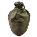 Original Austrian Army military water flask with durable plastic bottle and olive green nylon pouch for outdoor use.
