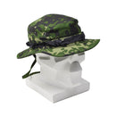 Danish military M84 camo boonie hat with wide brim, adjustable strap, designed for summer and outdoor use.