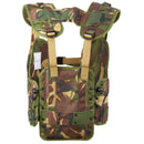 Original Dutch military tactical vest in woodland camouflage with adjustable straps and multiple attachment points.