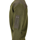 Side view of olive green Italian army pullover with ribbed knit, reinforced elbow patch, and pen pocket on sleeve