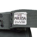 Close-up of original Italian police pistol belt holster with white fabric label reading POLIZIA and manufacturing details.