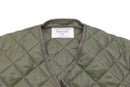 Olive green quilted Swedish army parka liner with diamond stitching and label inside collar for warmth and insulation