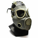 Polish Military MP4 gas mask in grey olive color with rubber facepiece and adjustable straps on display bust.