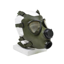 Romanian M74 olive green full face gas mask NBC respirator with adjustable straps and dual eyepieces on white mannequin head