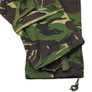 Close-up of British Army style DPM camo ripstop cargo pants with adjustable drawstring leg ends and reinforced stitching