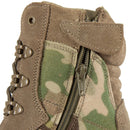 Close-up of Teesar Tactical Multicam boots with side zipper, suede leather, and durable camouflage fabric.