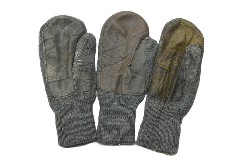 Original Swiss army gray wool cold weather mittens leather palm military issue