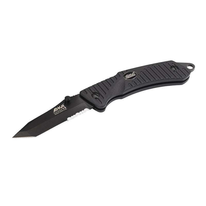 EKA Brand Swede 9 folding knife 57 HRC 12C27 steel fire starter black handle