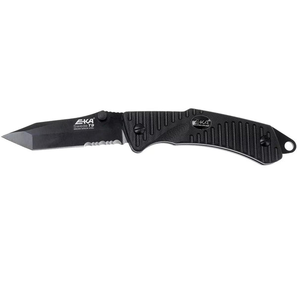 EKA Brand Swede 9 folding knife 57 HRC 12C27 steel fire starter black handle