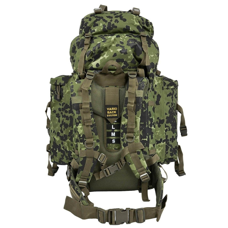 Large A.Blochl M84 camo mountain hiking daypack with padded straps, hip belt, and multiple attachment points for camping gear.