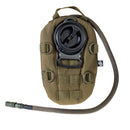 Compact olive MOLLE hydration pack with 1.5-liter water bladder and drinking tube for hiking and cycling