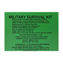 Green label with black text detailing a military survival kit on a white background