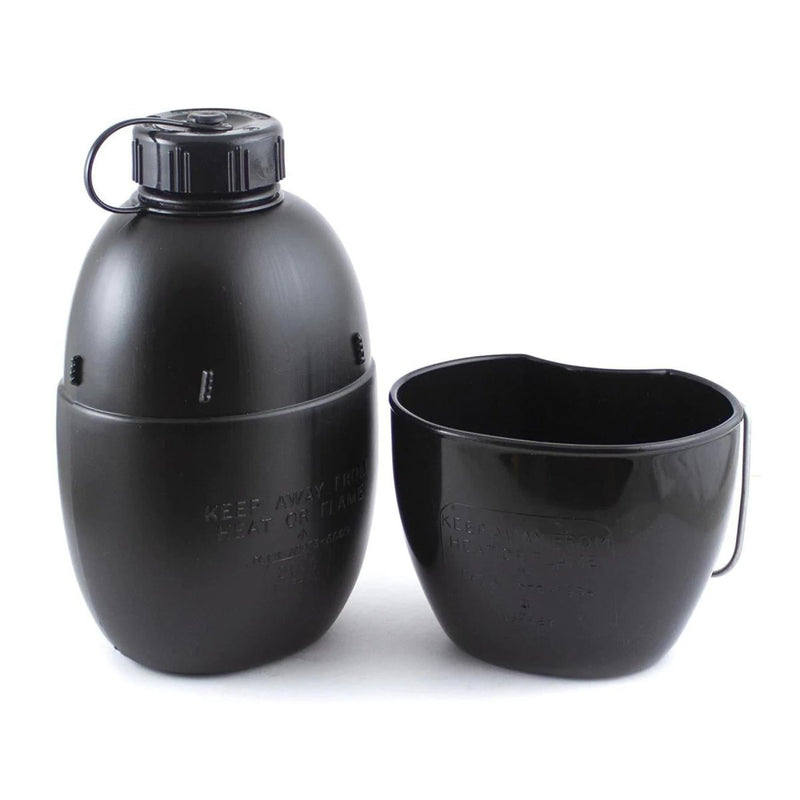 Black military-style aluminum canteen with matching cup for outdoor camping and hiking use