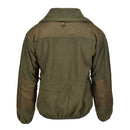 Back view of olive Blochl Brand Austrian military style fleece jacket with reinforced shoulder and elbow patches.