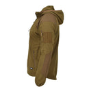 Side view of Blochl Brand military style hooded thermal fleece jacket in coyote color with reinforced patches and zipper pockets