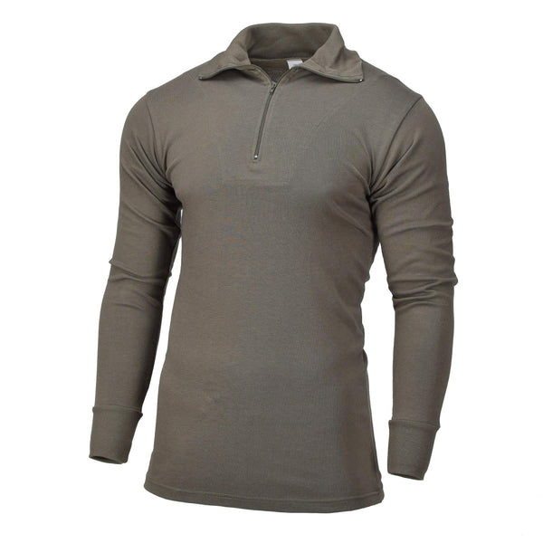Olive green Blochl Brand military style thermal jersey shirt with 1/4 zip high neck and long sleeves