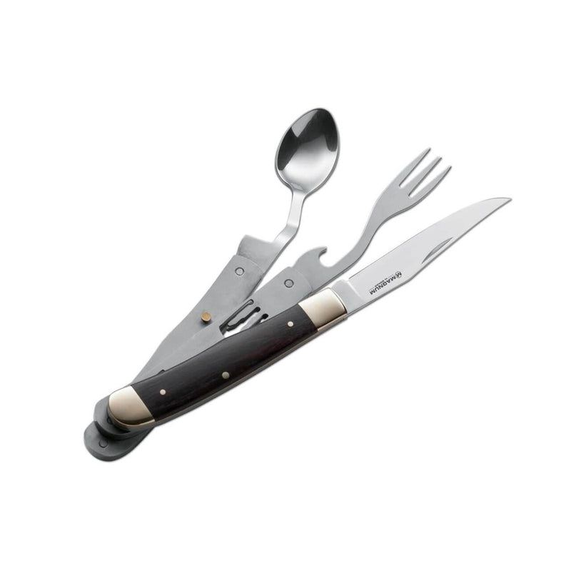 BOKER Bon Appetite pocket cutlery set with knife, fork, and spoon made of 440A steel and wooden handle.