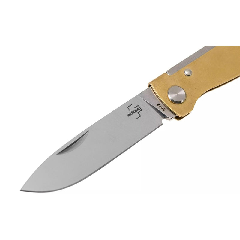 Boker Plus Atlas Slipjoint Pocket Knife Satin Finished Drop Point Brass Handle - GoMilitar
