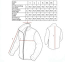 Size chart and measurements for military style combat jacket with chest, collar, body height, and sleeve length details