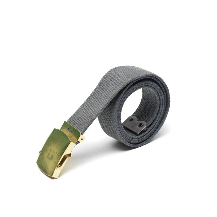 Unisex grey canvas military belt with gold box buckle, durable adjustable casual military surplus accessory.