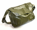 Original Czechoslovakian military gas mask bag M-10 in olive green rubberized fabric with adjustable shoulder strap