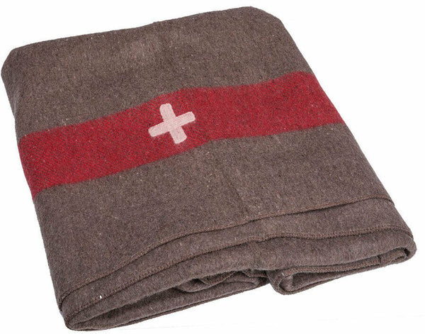 Vintage swiss army blanket wool military woollen red stripe cross REPRO NEW