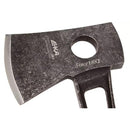 Close-up of EKA HatchBlade W1 hatchet head with 12C27 steel blade and finger hole for precision grip.