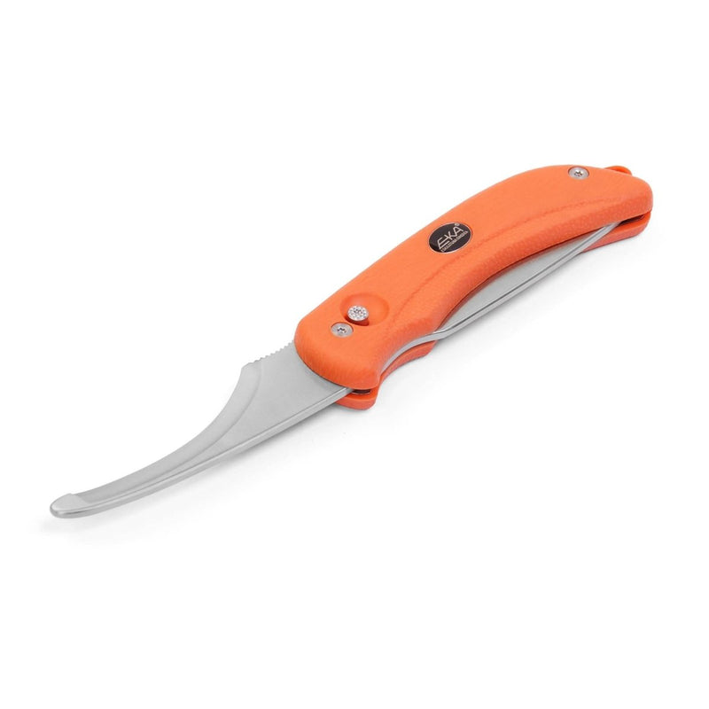 EKA Swedish fisherman knife with gut hook blade, high-quality steel and ergonomic bright orange Proflex handle.