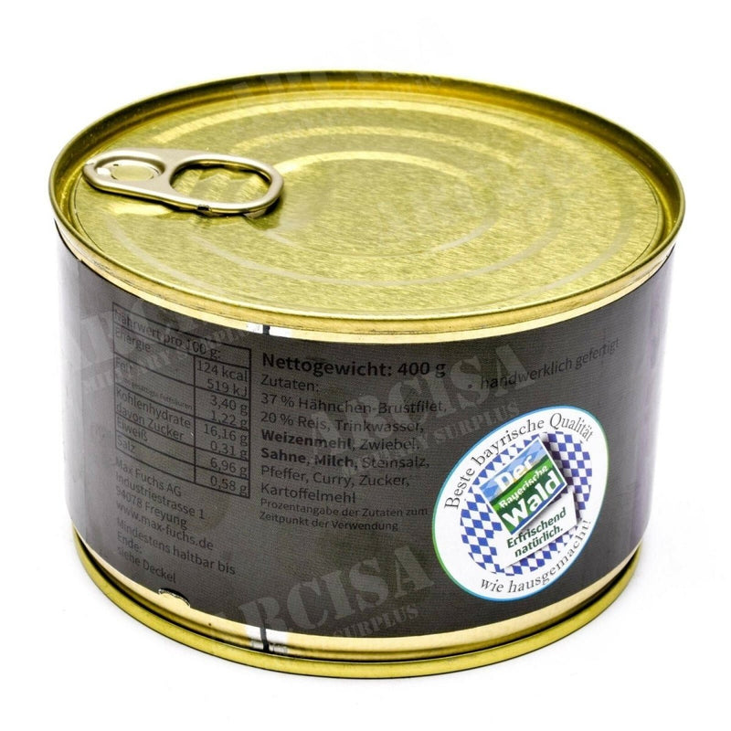 400g canned emergency ration Chicken Curry with rice MRE by MFH, providing 124 kcal per 100g serving, made in Germany.