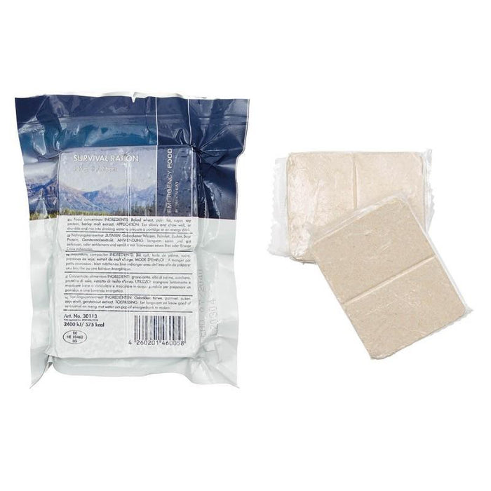 SURVIVOR emergency ration survival food pack with two compact, high-calorie 125g servings for outdoor use.