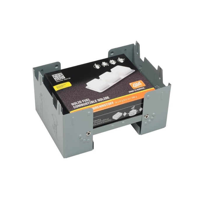 Compact gray ESBIT folding ultralight pocket stove with included solid fuel tablets for camping and outdoor cooking