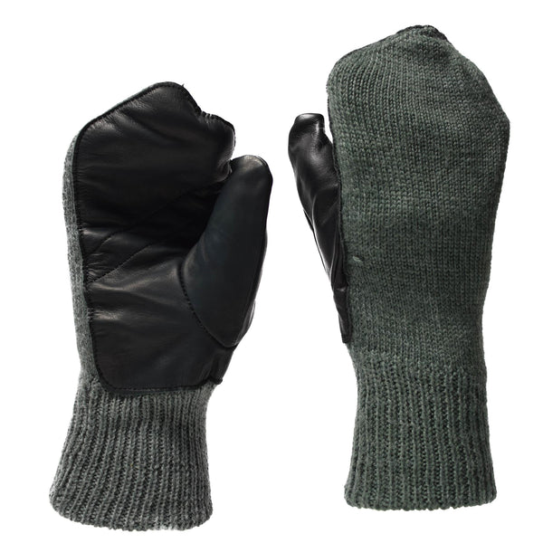 Original Swiss army gray wool cold weather mittens leather palm military issue