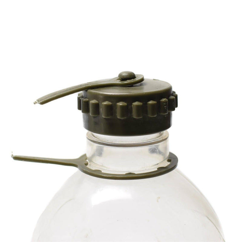 Close-up of genuine Austrian military clear plastic water bottle with olive drab threaded cap and retaining strap