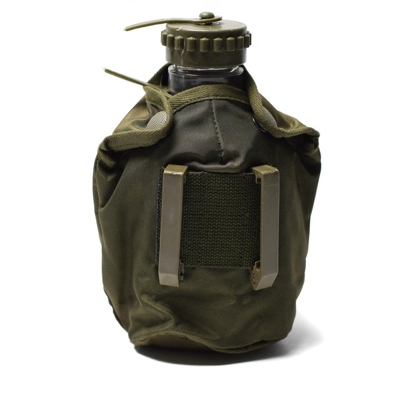 Genuine Austrian Army plastic canteen with OD pouch and belt clips for durable and convenient outdoor hydration.