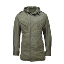 Genuine Belgian military olive green BDU hooded parka with storm flap and multiple pockets, vintage style jacket.