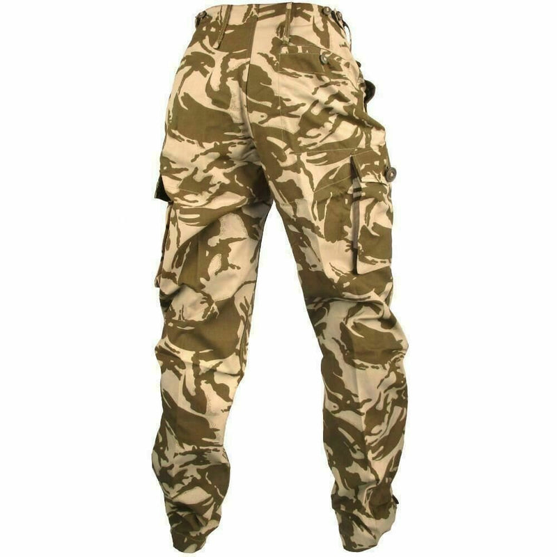 British army desert camouflage combat trousers with cargo pockets and adjustable bottoms for outdoor durability and comfort