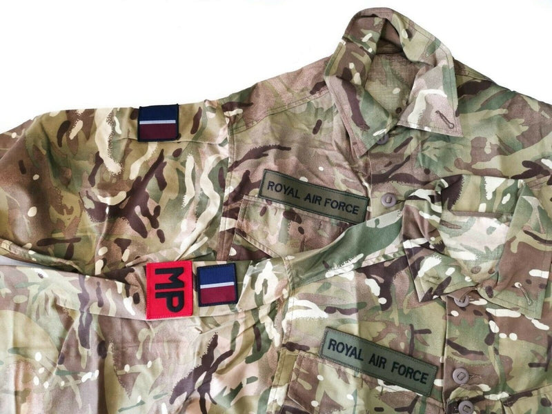 British Army issue MTP camouflage combat field jacket with Royal Air Force patches and MP insignia details.