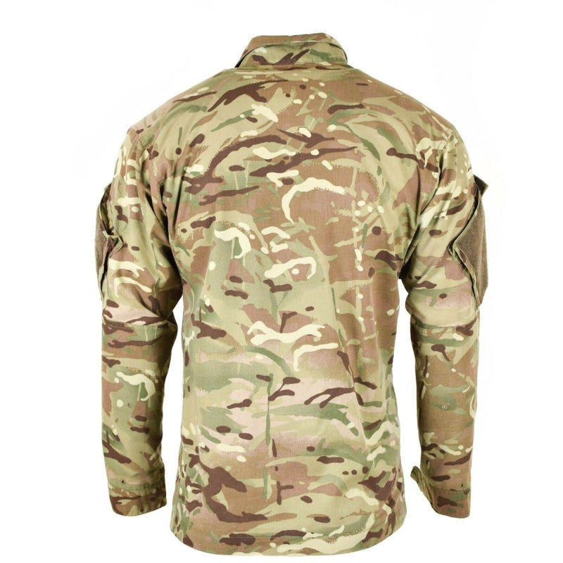 Back view of genuine British Army issue MTP field jacket in multicam camouflage pattern with arm pockets and adjustable cuffs
