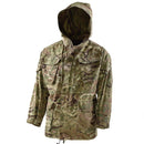 British Military MTP camouflage hooded parka jacket with adjustable waist and multiple front pockets, windproof and durable design.
